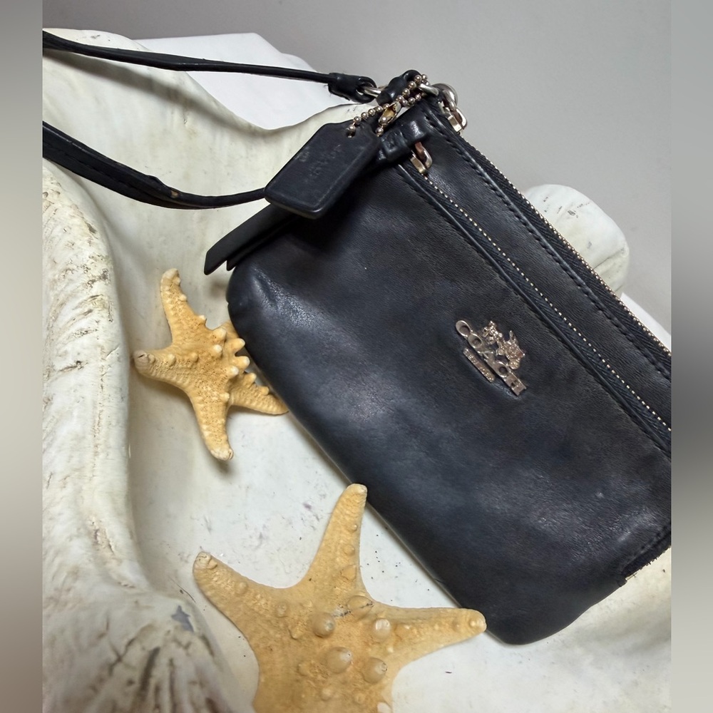 Coach Black Leather Wristlet with Gold-Tone Zip